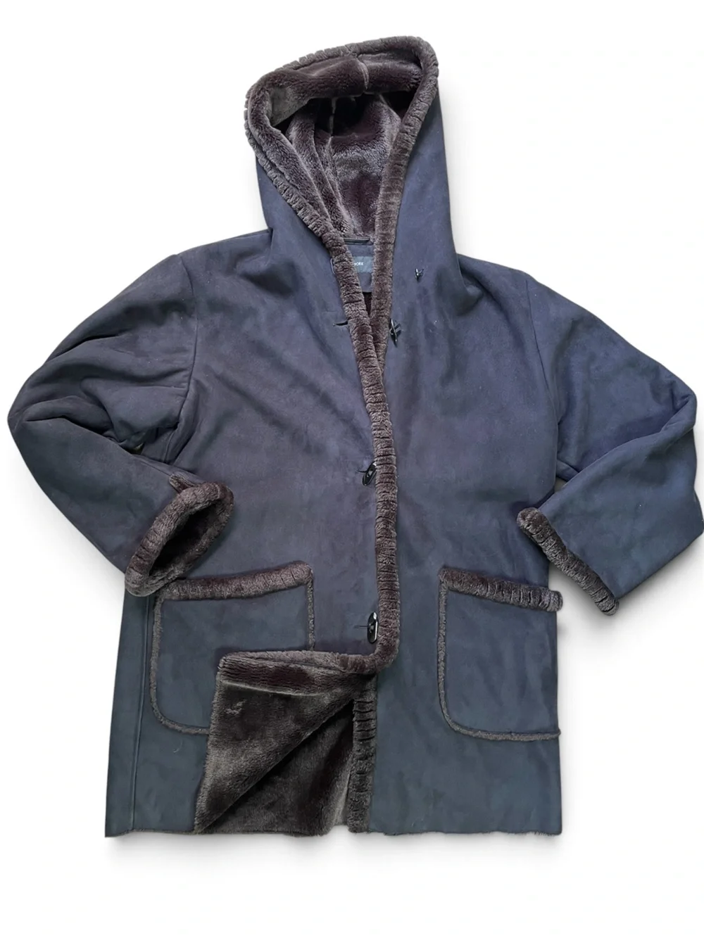 Jones New York Black Hooded Shearling-Trim Pea Coat